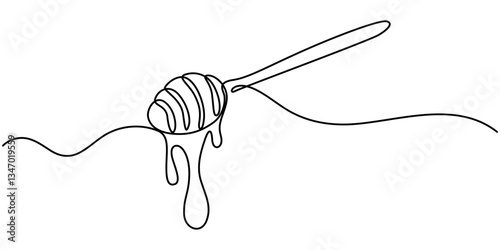 Continuous one line drawing of honey spoon dripping from a wooden honey dipper isolated on white background. Hand drawn vector illustration, Continuous one line drawing of a wooden spoon for honey. 
