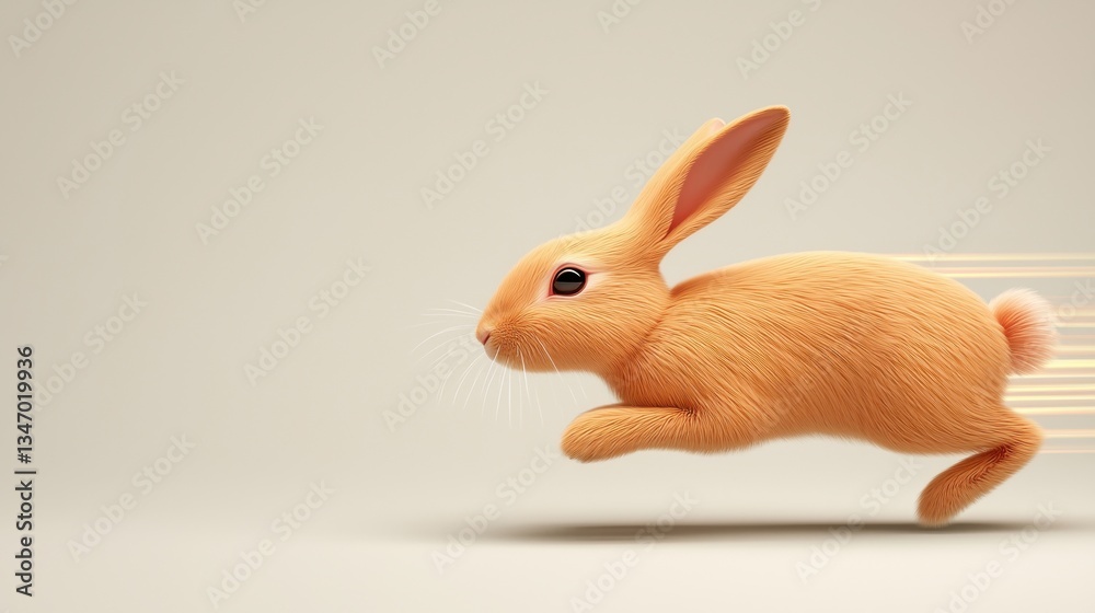 Fototapeta premium Cute Orange Rabbit Running Fast on a Neutral Background