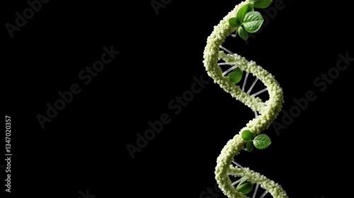 A close-up of a DNA helix connected by green leaves, symbolizing the fusion of nature and genetic science, isolated on black background