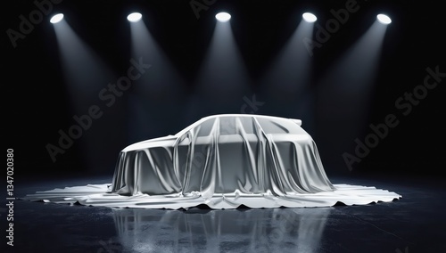 Car under a white sheet on display with spotlights