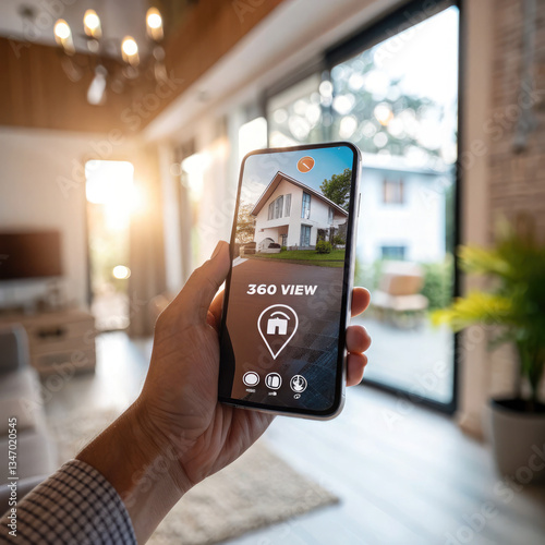 Hand holding smartphone, 360 view app interface, virtual house tour, augmented reality real estate, modern living room interior, chandelier lighting, large window, sunlight streaming  photo