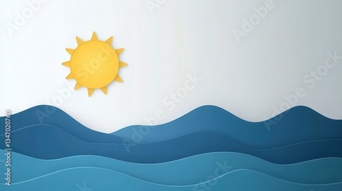 Paper Cut Ocean Waves with Sun, and Seascape Background.