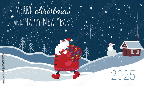 Cute Santa Claus walks along a winter road with a bag of gifts. Santa claus is carrying gifts for children. Merry Christmas.