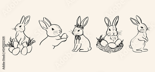 Vintage Easter coquette bunny. Traditional monochrome graphic. Nostalgic cottage holiday graphic