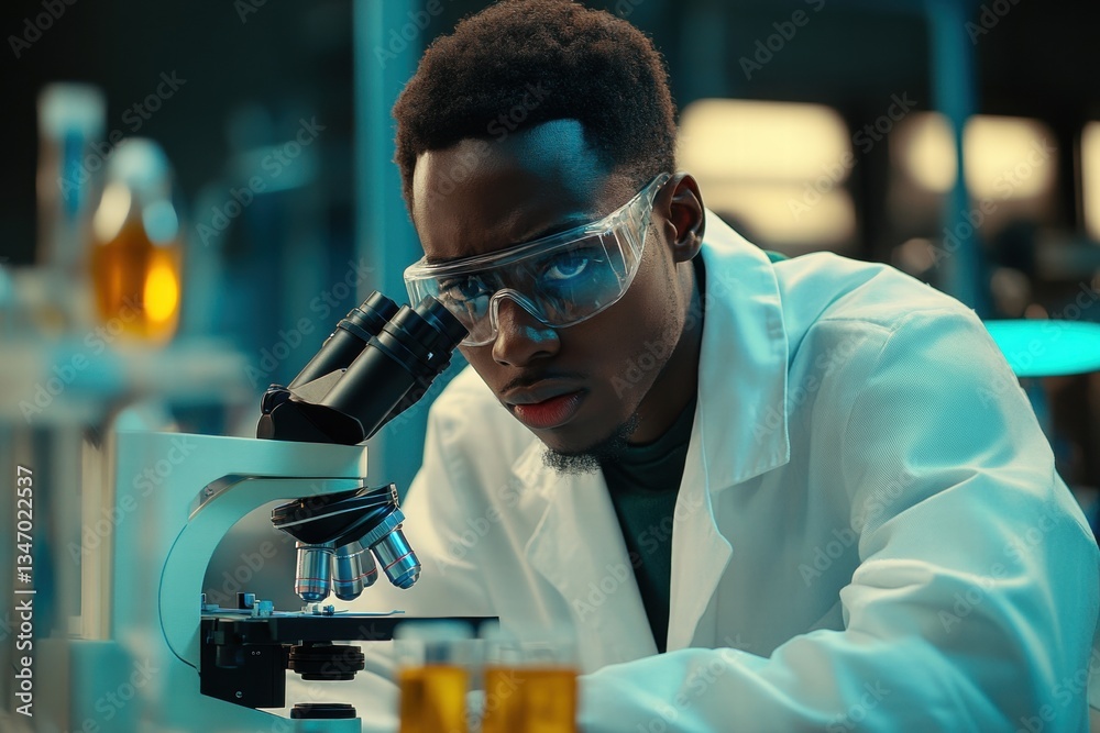 Scientist examining a test tube in a futuristic lab Scientist examining a test tube in a futuristic lab