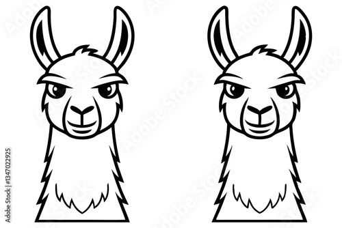 Two Cartoon Llama Heads with Bold Outlines, Black and White Animal Characters for Design Elements and Coloring Books