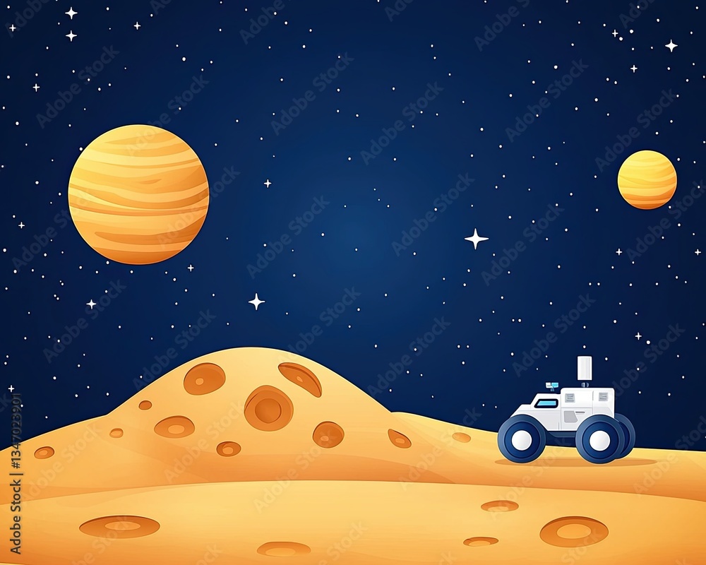 Naklejka premium Astronomical Discoveries and Exoplanet Exploration, cartoon minimalist illustration of an exoplanet with unique surface features, a futuristic space rover analyzing the terrain, Space Exploration.