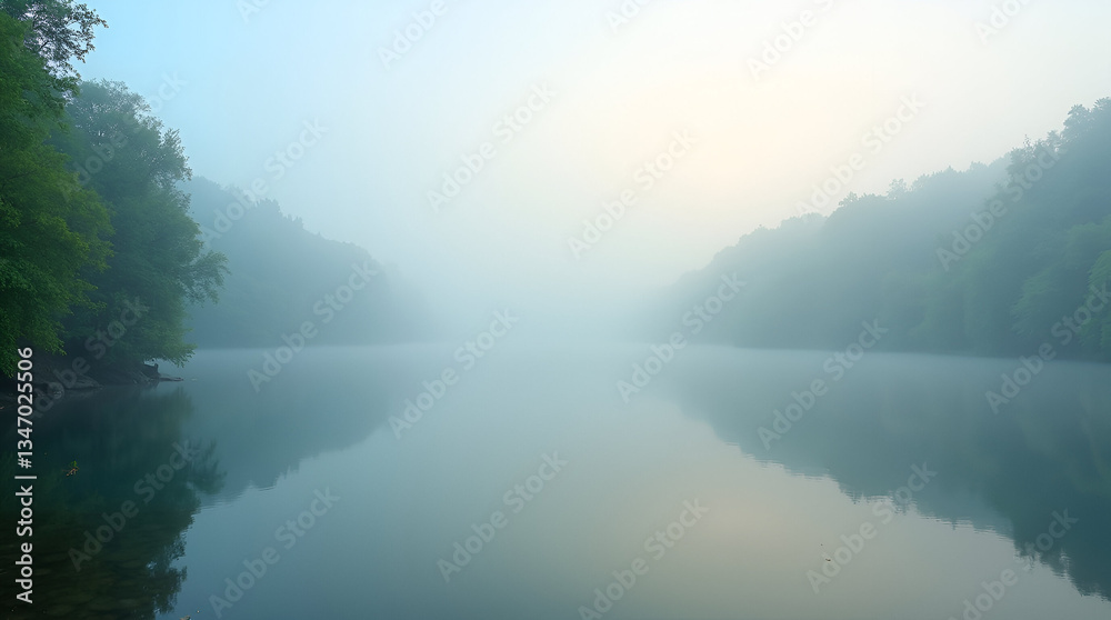Fototapeta premium Foggy Morning Over a Quiet Lake with Still Water – A Serene Escape