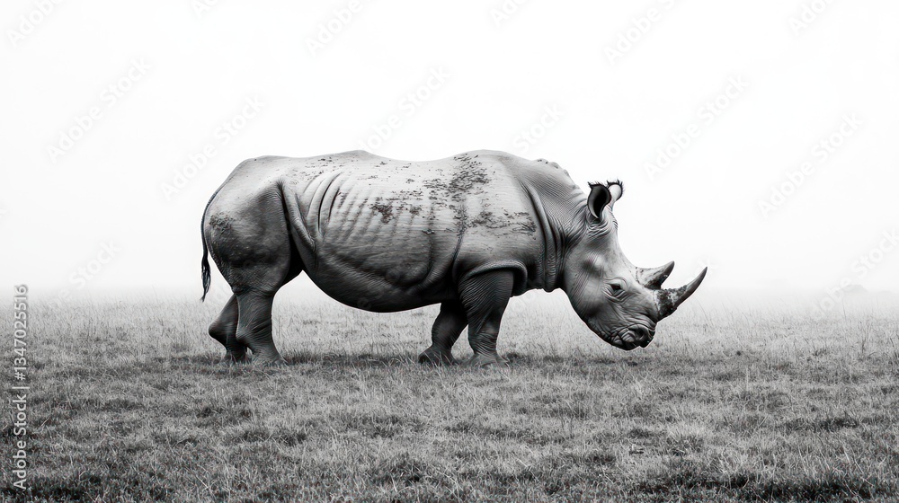 Fototapeta premium Solitary rhino in foggy field, monochrome.