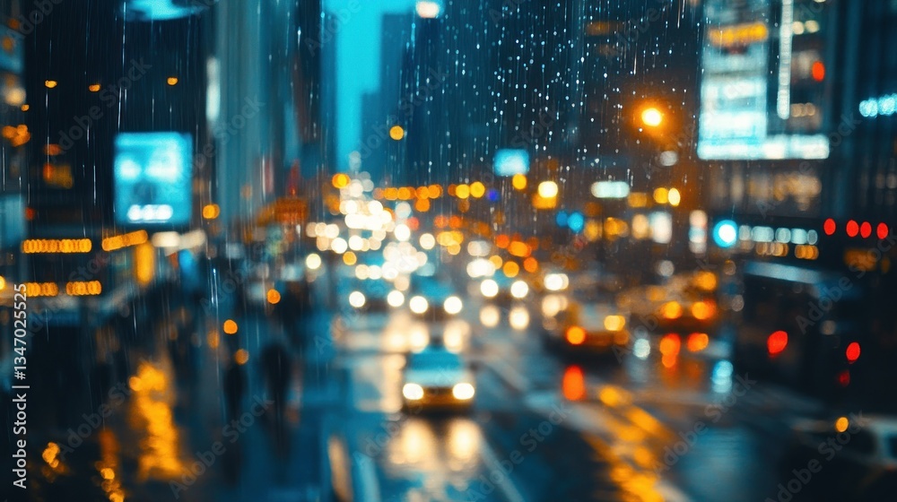 Fototapeta premium urban cityscape blurred lights reflecting on a rainy night street with cars driving through the blurred atmosphere and tall buildings nearby