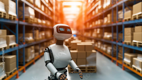 Wallpaper Mural self driving cargo robot navigates through warehouse filled with stacked boxes, showcasing advanced technology and automation in logistics. scene conveys efficiency and innovation Torontodigital.ca