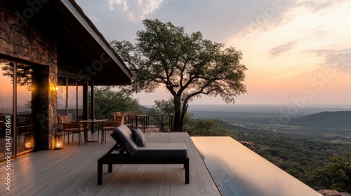 Photorealistic rende of a luxurious safari lodge with a panoramic infinity pool overlooking an African savanna sunset in stunning high fidelity detail photo