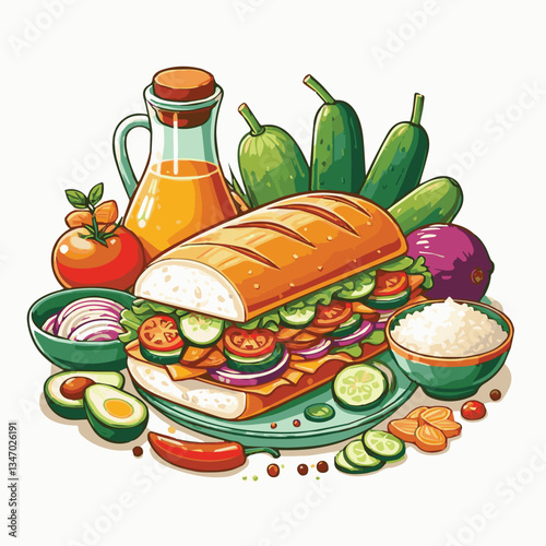 bread, baguette, meal, meat, fresh, food, background, cucumber, carrot, lunch, cuisine, coriander, sandwich, asian, traditional, vietnamese, pork, vietnam, sliced, closeup, cilantro, vegetable, street