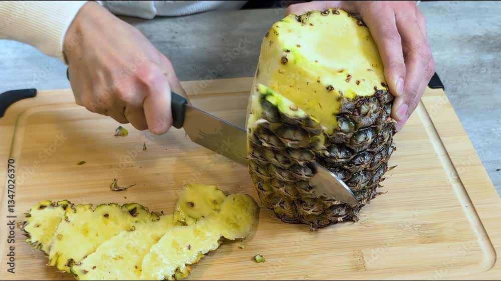 Chopping pineapple Cover on a  kitchen counter top , with sharp knife wooden board fruit preparation