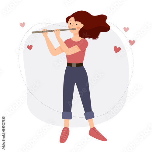 The girl plays the flute. A woman musician stands with a flute. Vector flat illustration.