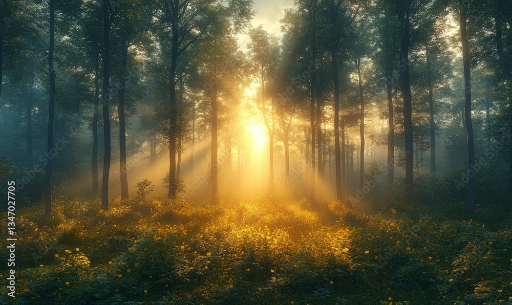 Obraz premium Golden sunrise illuminates misty forest wildflowers