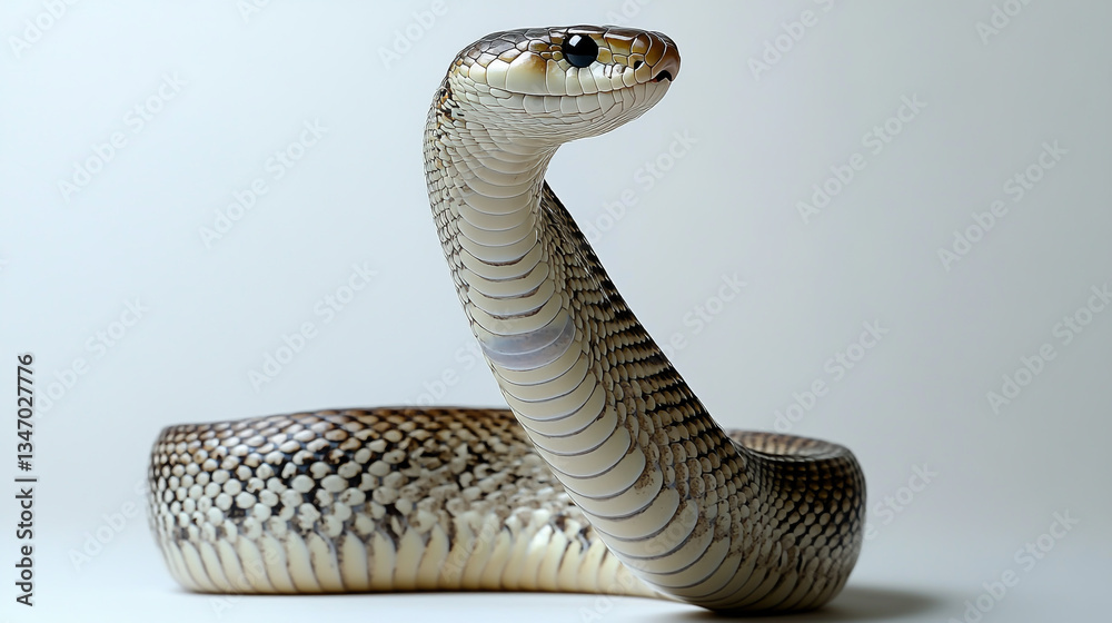 Fototapeta premium King Cobra (Ophiophagus hannah), a highly venomous snake, striking against a pristine white background