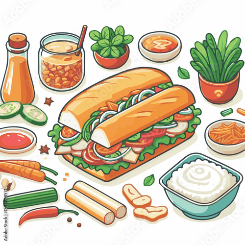 bread, baguette, meal, meat, fresh, food, background, cucumber, carrot, lunch, cuisine, coriander, sandwich, asian, traditional, vietnamese, pork, vietnam, sliced, closeup, cilantro, vegetable, street