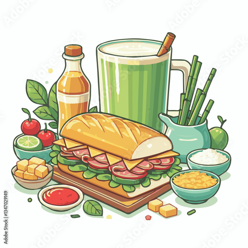 bread, baguette, meal, meat, fresh, food, background, cucumber, carrot, lunch, cuisine, coriander, sandwich, asian, traditional, vietnamese, pork, vietnam, sliced, closeup, cilantro, vegetable, street