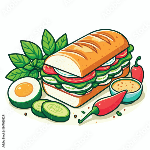 bread, baguette, meal, meat, fresh, food, background, cucumber, carrot, lunch, cuisine, coriander, sandwich, asian, traditional, vietnamese, pork, vietnam, sliced, closeup, cilantro, vegetable, street