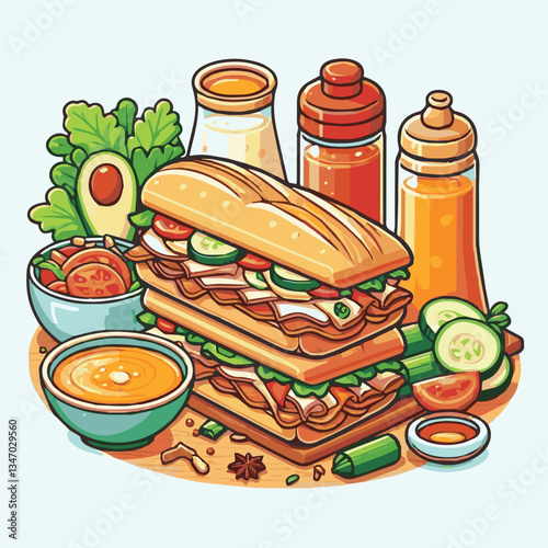 bread, baguette, meal, meat, fresh, food, background, cucumber, carrot, lunch, cuisine, coriander, sandwich, asian, traditional, vietnamese, pork, vietnam, sliced, closeup, cilantro, vegetable, street