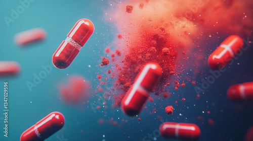 red medication capsules dispersing with powdery granules on a blue background depicting pharmacology and therapeutic substance release dynamics