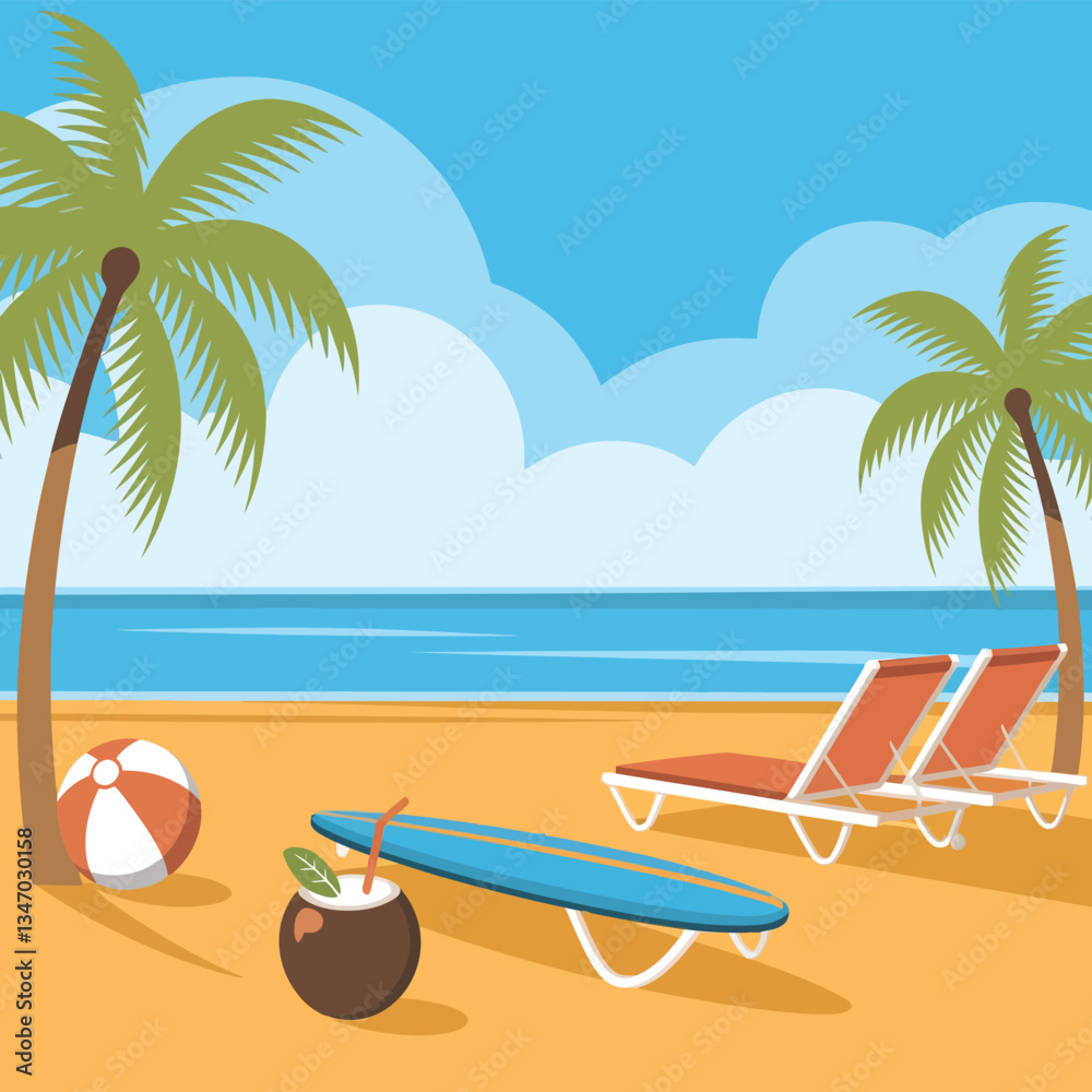 Fototapeta premium tropical beach with palm trees and sun. Summer vector