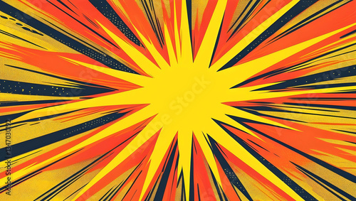 A vibrant yellow and orange radial burst background with a comic book style. The center of the image is bright and radiates outward with dynamic energy, featuring sharp, jagged rays extending