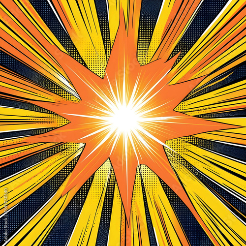 A vibrant yellow and orange radial burst background with a comic book style. The center of the image is bright and radiates outward with dynamic energy, featuring sharp, jagged rays extending