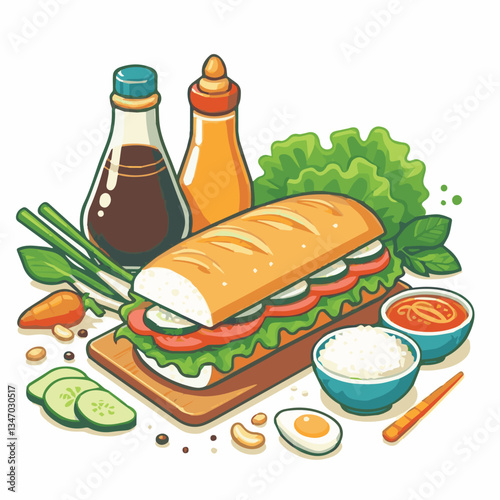 bread, baguette, meal, meat, fresh, food, background, cucumber, carrot, lunch, cuisine, coriander, sandwich, asian, traditional, vietnamese, pork, vietnam, sliced, closeup, cilantro, vegetable, street