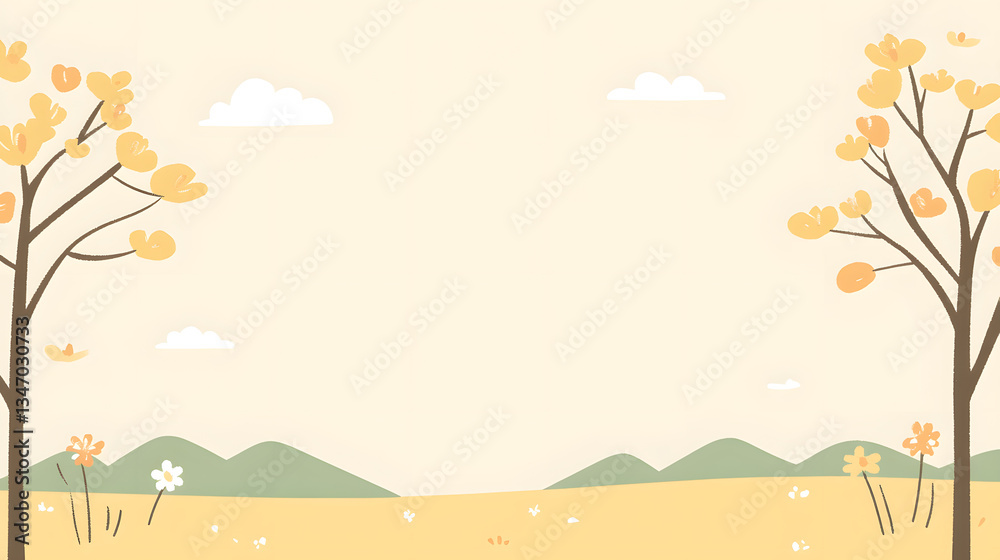 Bright yellow trees and flowers adorn a peaceful landscape with gentle hills and soft clouds above Bright yellow trees and flowers adorn a peaceful landscape with gentle hills and soft clouds above