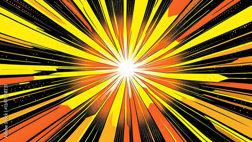A vibrant yellow and orange radial burst background with a comic book style. The center of the image is bright and radiates outward with dynamic energy, featuring sharp, jagged rays extending
