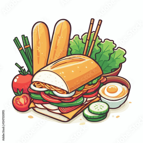 bread, baguette, meal, meat, fresh, food, background, cucumber, carrot, lunch, cuisine, coriander, sandwich, asian, traditional, vietnamese, pork, vietnam, sliced, closeup, cilantro, vegetable, street