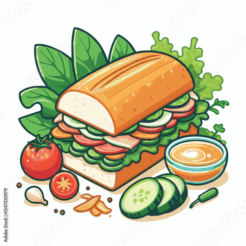 bread, baguette, meal, meat, fresh, food, background, cucumber, carrot, lunch, cuisine, coriander, sandwich, asian, traditional, vietnamese, pork, vietnam, sliced, closeup, cilantro, vegetable, street