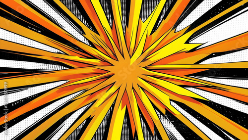 A vibrant yellow and orange radial burst background with a comic book style. The center of the image is bright and radiates outward with dynamic energy, featuring sharp, jagged rays extending
