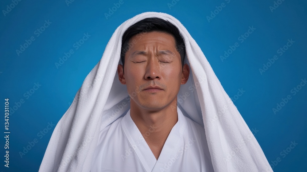 Sweaty Man in White Robe Under Towel Against Blue Background
