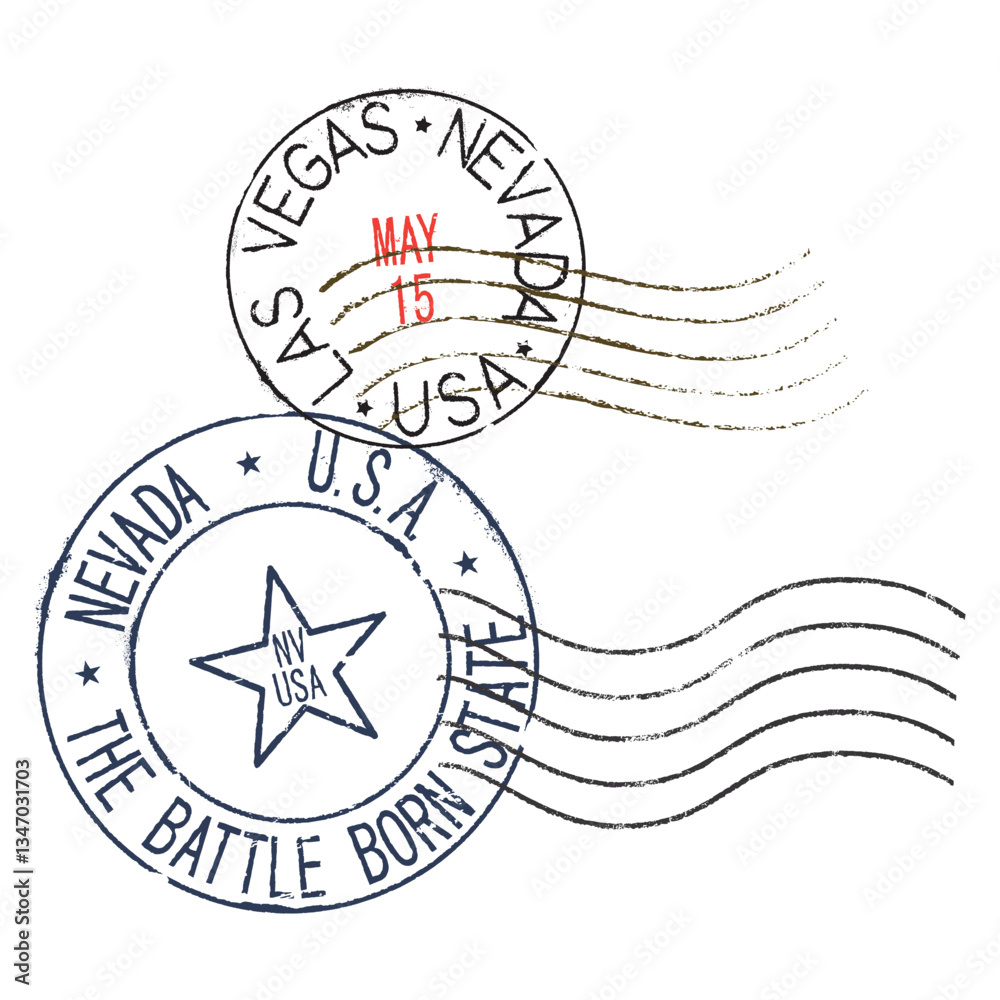 Obraz premium Postal rubber stamps LAS VEGAS NEVADA USA, along with the state symbol. Retro seals for letter envelopes, greeting cards, passports, parcels.