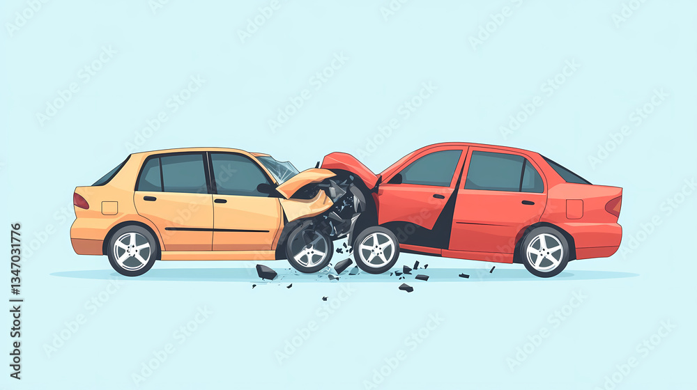 Obraz premium Car Collision Illustration: Depicts a car crash with detailed wreckage and the intense aftermath, a vivid illustration of road accident.