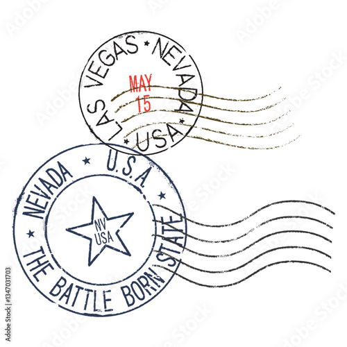 Postal rubber stamps LAS VEGAS  NEVADA USA, along with the state symbol. Retro seals for letter envelopes, greeting cards, passports, parcels.