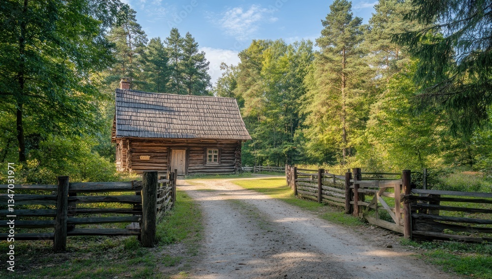 Rustic wooden cabin nestled in a forest clearing, pathway leading to the cabin, tranquil scenery, ideal for nature photography
