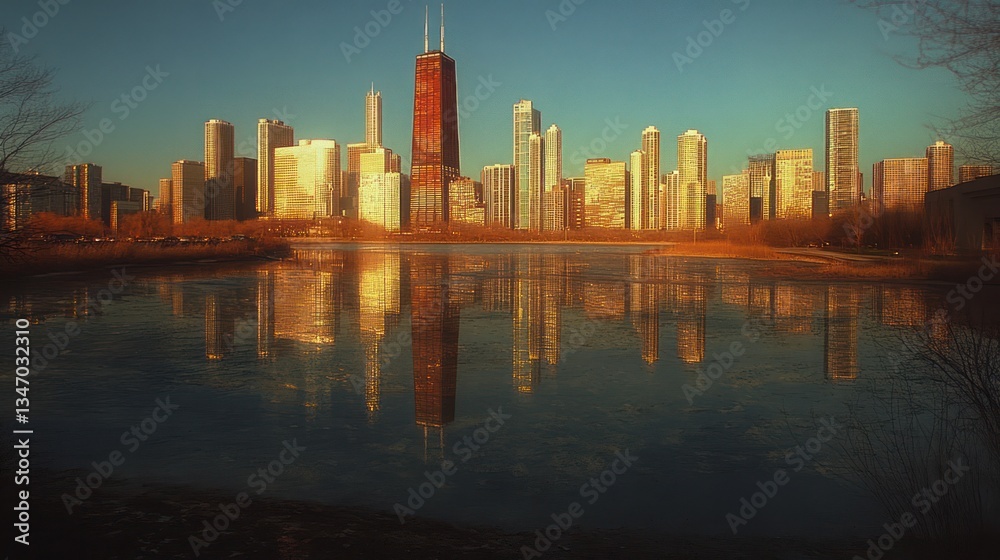 Obraz premium Chicago Skyline Reflection Sunset Park