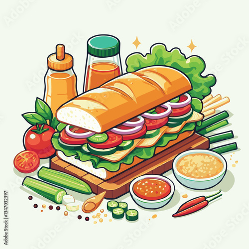 bread, baguette, meal, meat, fresh, food, background, cucumber, carrot, lunch, cuisine, coriander, sandwich, asian, traditional, vietnamese, pork, vietnam, sliced, closeup, cilantro, vegetable, street