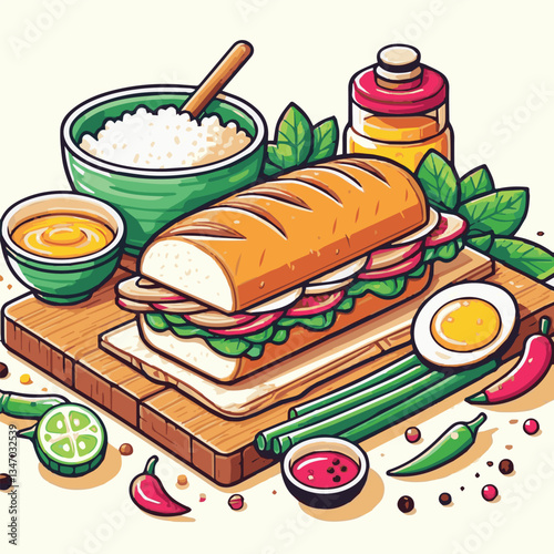 bread, baguette, meal, meat, fresh, food, background, cucumber, carrot, lunch, cuisine, coriander, sandwich, asian, traditional, vietnamese, pork, vietnam, sliced, closeup, cilantro, vegetable, street