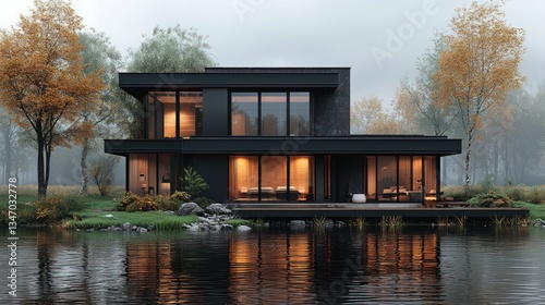Modern black house lake autumn serene landscape