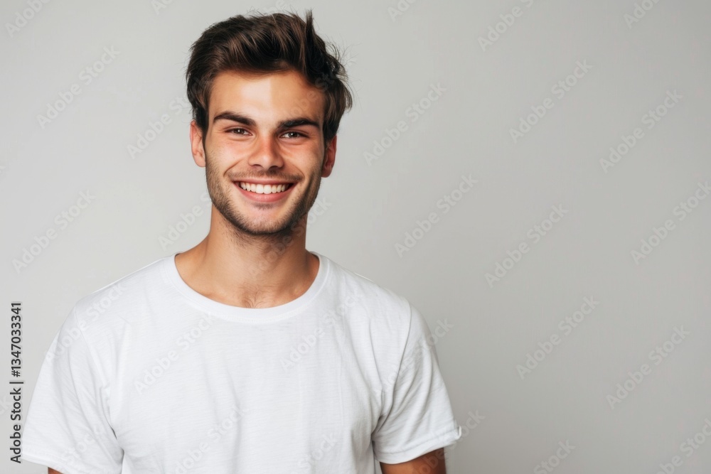 Portrait of a handsome young man in white t shirt smiling while standing against white background Portrait of a handsome young man in white t shirt smiling while standing against white background
