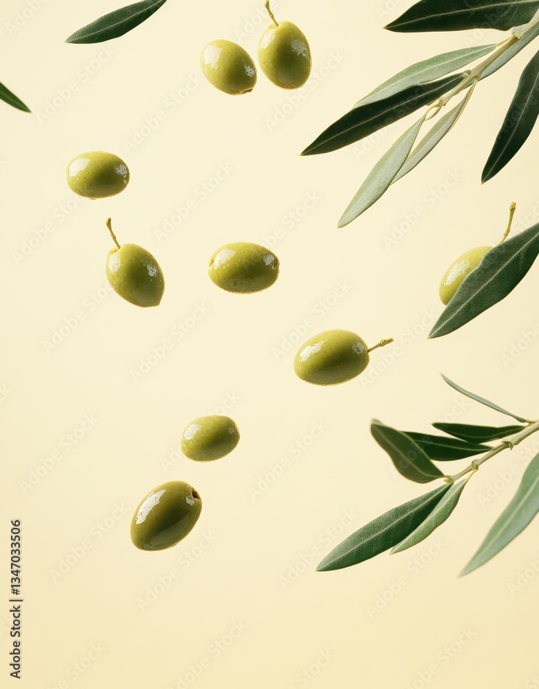 Fresh Olive Green Fruits with Leaves Floating Against a Soft Yellow Background Capturing the Essence of Pure Natural Ingredients and Healthy Living Fresh Olive Green Fruits with Leaves Floating Against a Soft Yellow Background Capturing the Essence of Pure Natural Ingredients and Healthy Living