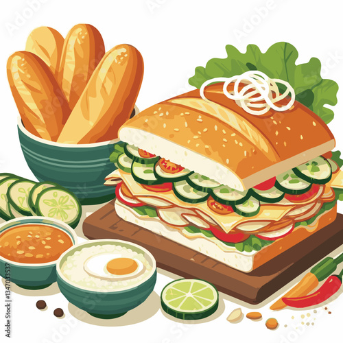 bread, baguette, meal, meat, fresh, food, background, cucumber, carrot, lunch, cuisine, coriander, sandwich, asian, traditional, vietnamese, pork, vietnam, sliced, closeup, cilantro, vegetable, street