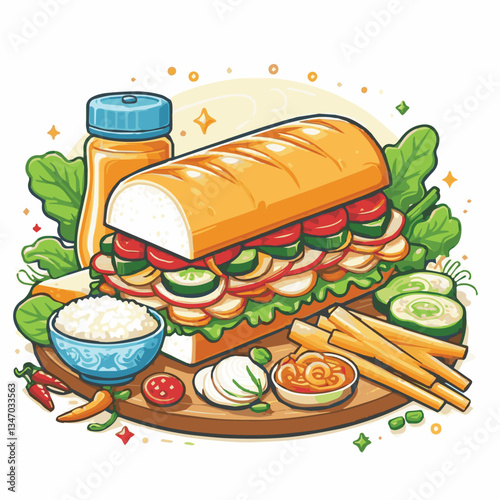bread, baguette, meal, meat, fresh, food, background, cucumber, carrot, lunch, cuisine, coriander, sandwich, asian, traditional, vietnamese, pork, vietnam, sliced, closeup, cilantro, vegetable, street