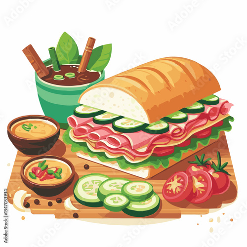 bread, baguette, meal, meat, fresh, food, background, cucumber, carrot, lunch, cuisine, coriander, sandwich, asian, traditional, vietnamese, pork, vietnam, sliced, closeup, cilantro, vegetable, street