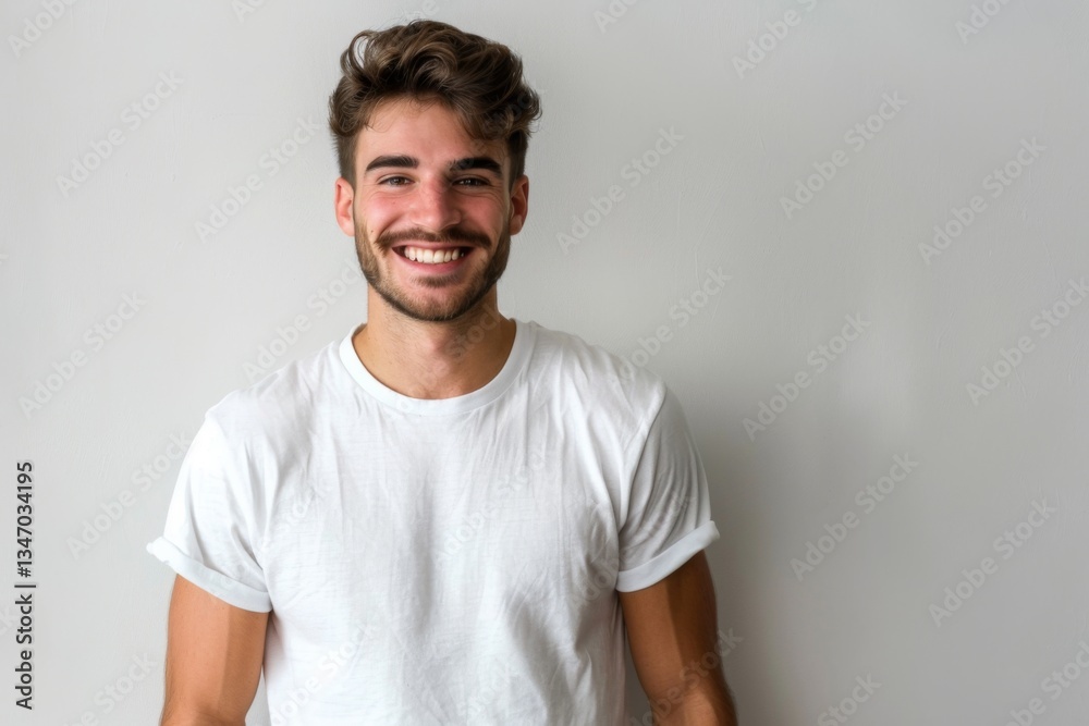 Portrait of a handsome young man in white t shirt smiling while standing against white background Portrait of a handsome young man in white t shirt smiling while standing against white background